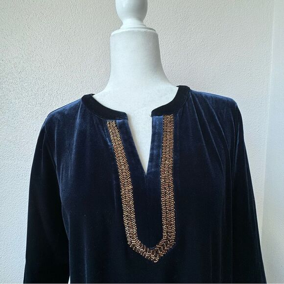 Susan Graver Artisan Velvet Blue Tunic Gold Bead Trim Long Sleeve Size Small - Picture 7 of 11